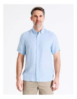 Reserve Bodega Linen Button Down Short Sleeve Shirt Light Blue