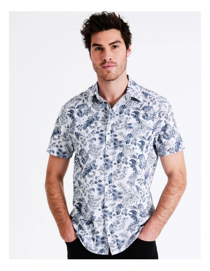 Maddox Kalanchoe Floral Print Short Sleeve Shirt In White