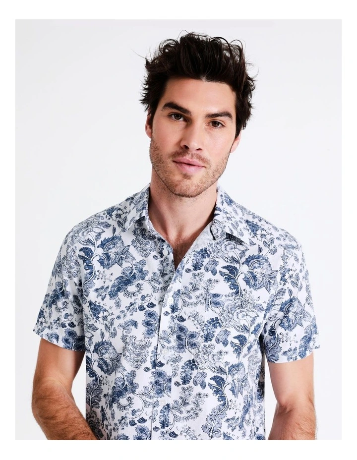 Maddox Kalanchoe Floral Print Short Sleeve Shirt In White - Image 2