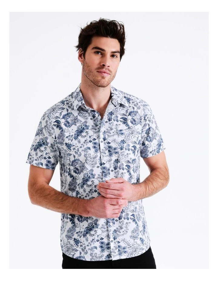 Maddox Kalanchoe Floral Print Short Sleeve Shirt In White - Image 4