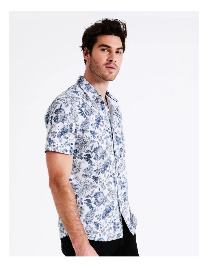 Maddox Kalanchoe Floral Print Short Sleeve Shirt In White - Image 5