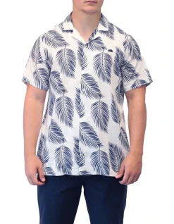 Raging Bull Palm Leaf Cotton Linen Shirt In White