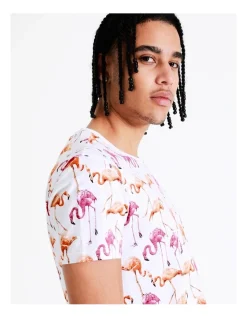 Kenji Flirty Flamingo Yardage Print Short Sleeve Tee In White