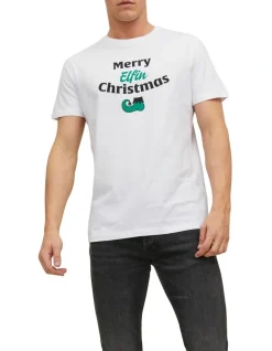 Jack & Jones Elfen Short Sleeve Crew Neck Xmas Tee Bright In White