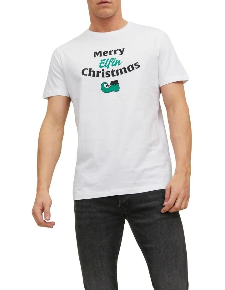 Jack & Jones Elfen Short Sleeve Crew Neck Xmas Tee Bright In White