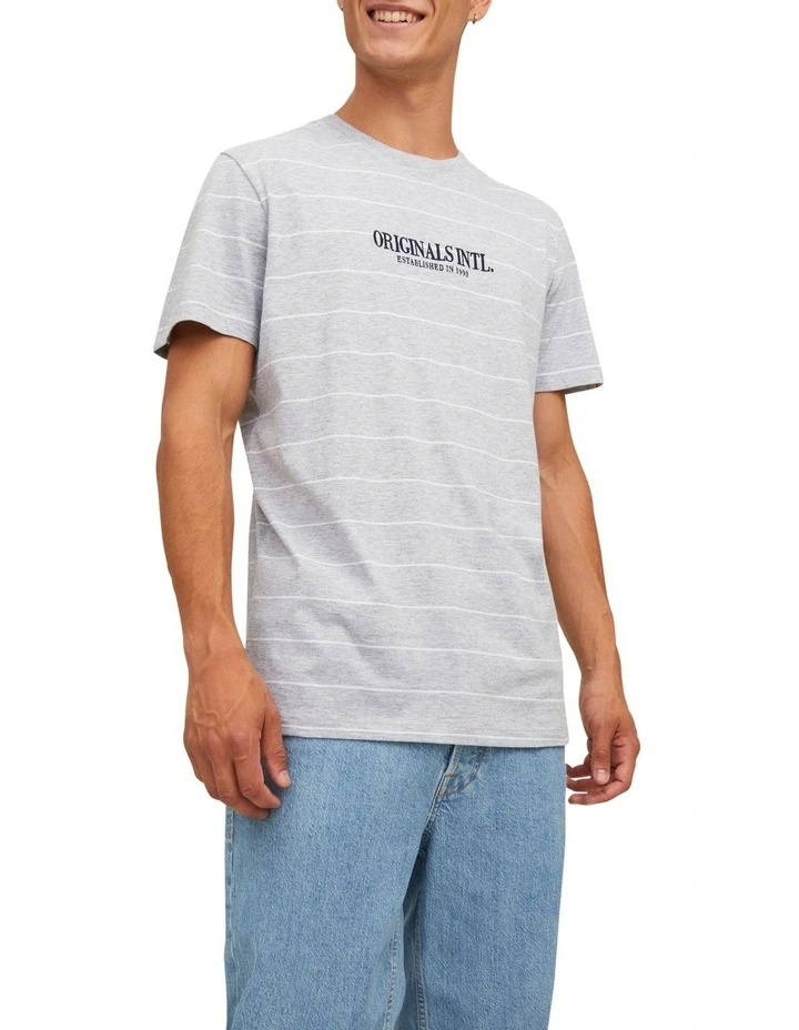 Jack & Jones International Stripe Short Sleeve Crew Neck Tee In Light Grey Melange