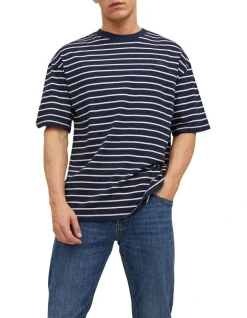 Jack & Jones Harlow Stripe Ringer Short Sleeve Crew Neck Tee In Navy Blazer