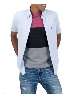 American Eagle Oxford Short-Sleeve Button-Up Shirt In Blue