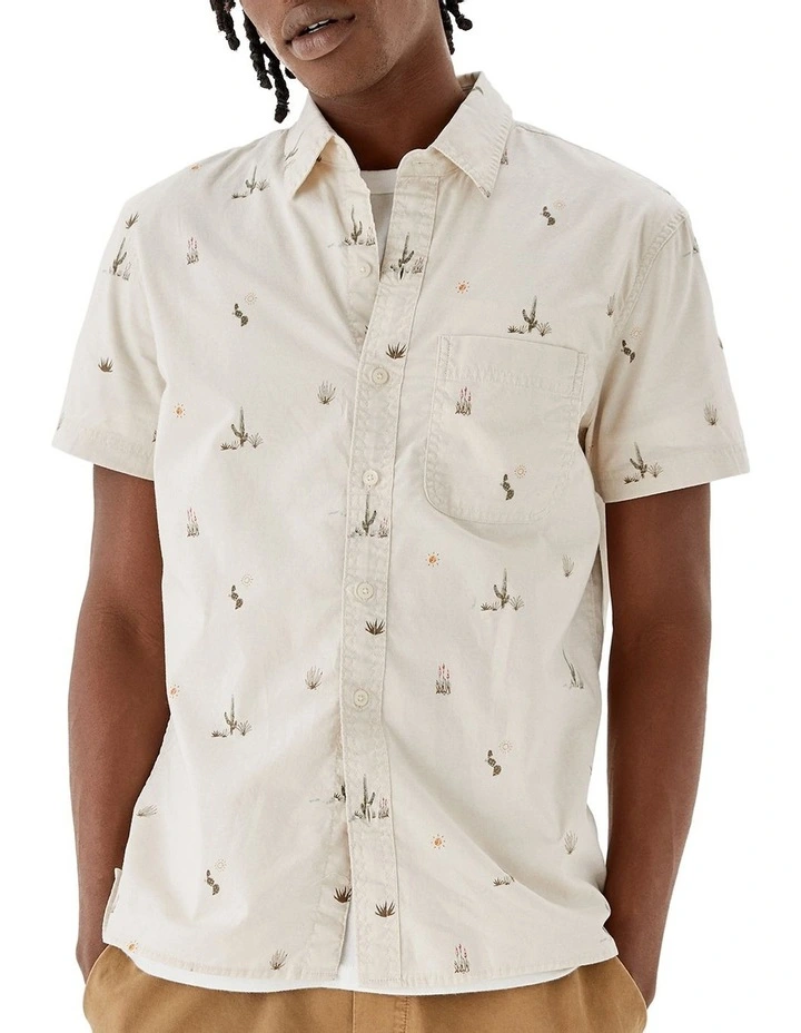 American Eagle Printed Button-Up Resort Shirt In Cream