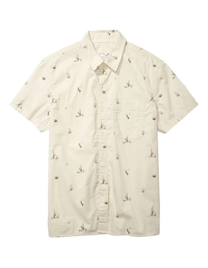 American Eagle Printed Button-Up Resort Shirt In Cream - Image 4