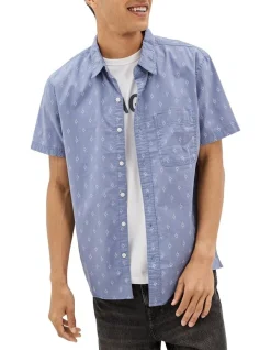 American Eagle Printed Button-Up Resort Shirt In Blue