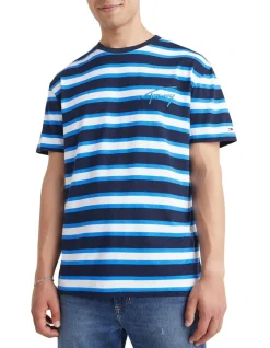 Tommy Jeans Signature Logo Stripe Tee In Navy