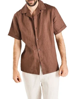 Coast Clothing Co Camper Short Sleeve Linen Shirt In Chocolate