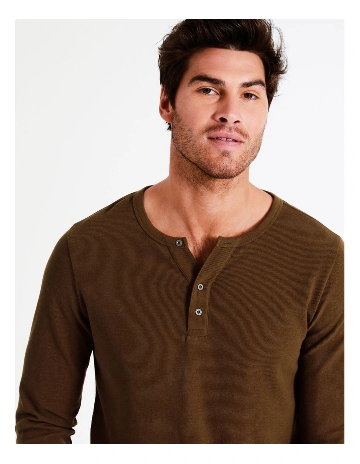 Maddox Neeson Long Sleeve Waffle Henley Tee In Brown - Image 2
