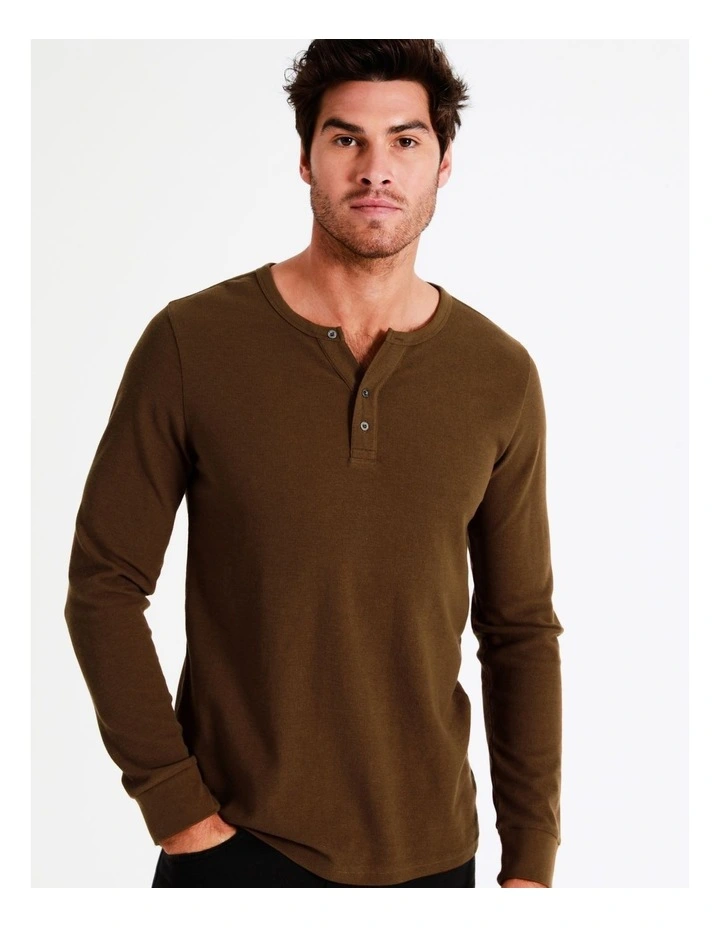Maddox Neeson Long Sleeve Waffle Henley Tee In Brown - Image 4