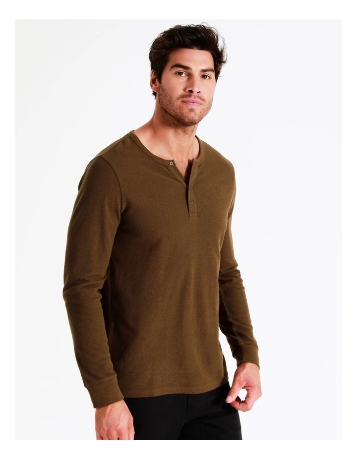 Maddox Neeson Long Sleeve Waffle Henley Tee In Brown - Image 5