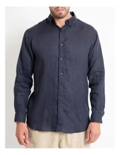 DESTii Long Sleeve Linen Shirt In Navy
