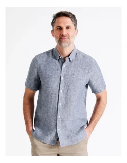 Reserve Bodega Linen Button Down Short Sleeve Shirt Navy