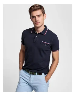 Gant 3 Colour Tipping Pique Short Sleeve Rugger Polo In Blue