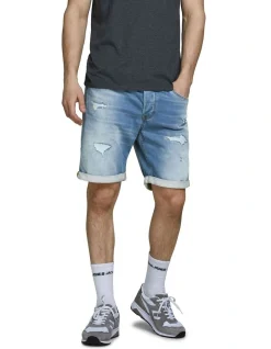 Jack & Jones Rick Icon Indigo Knit Distressed Denim Shorts Blue