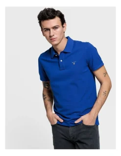 Gant Solid Pique Rugger Polo In Cobalt