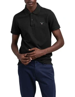 Gant Solid Pique Rugger Polo In Black