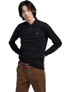 Gant The Original Pique Long Sleeve Rugger Polo Top In Black