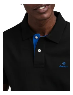 Gant Contrast Collar Pique Short Sleeve Rugger In Black