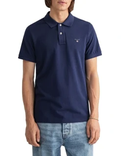 Gant Solid Fitted Pique Short Sleeve Rugger Polo Shirt Evening Blue