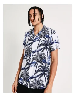 Kenji Mojave Cactus Print Short Sleeve Rayon Shirt In White