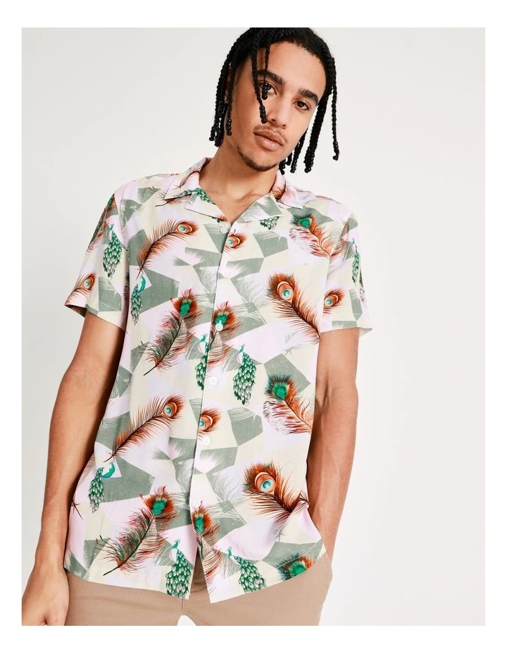 Kenji Pinnacles Peacock Print Short Sleeve Rayon Shirt In Green 2 Kenji Pinnacles Peacock Print Short Sleeve Rayon Shirt In Green - Image 2