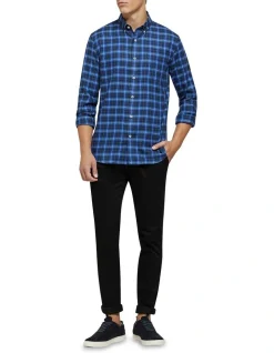 Oxford Portland Cotton/Linen Check Regular Shirt Blue