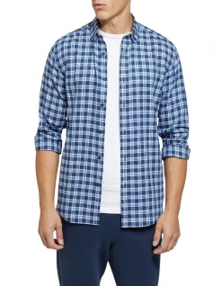 Oxford Stratton Cotton Linen Check Shirt Navy