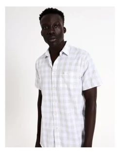 Raging Bull Large Check Linen Cotton Short Sleeve Shirt In Grey