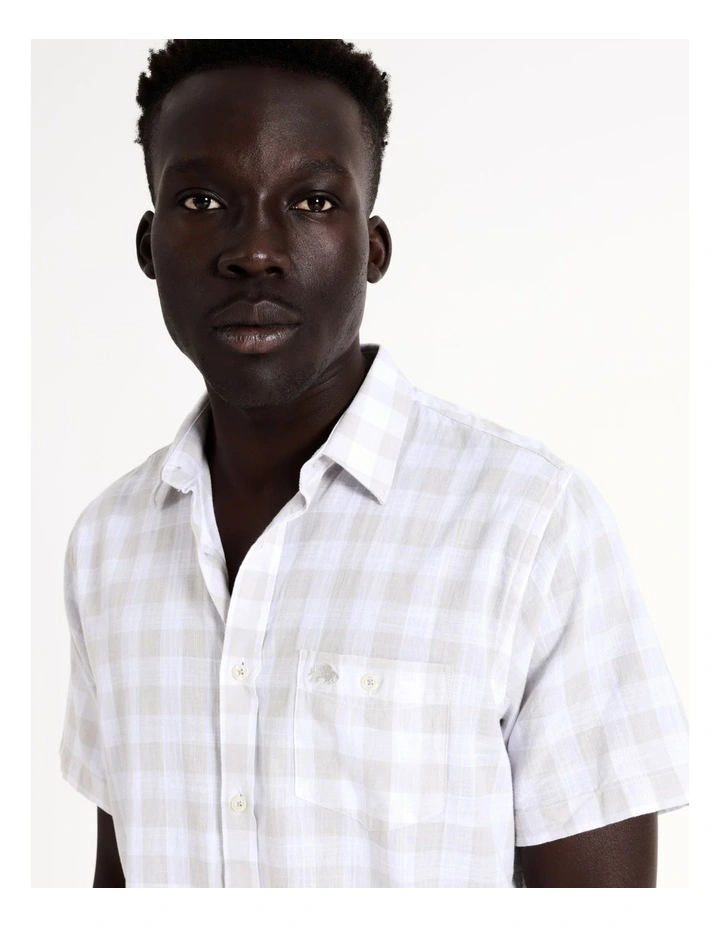 Raging Bull Large Check Linen Cotton Short Sleeve Shirt In Grey - Image 2