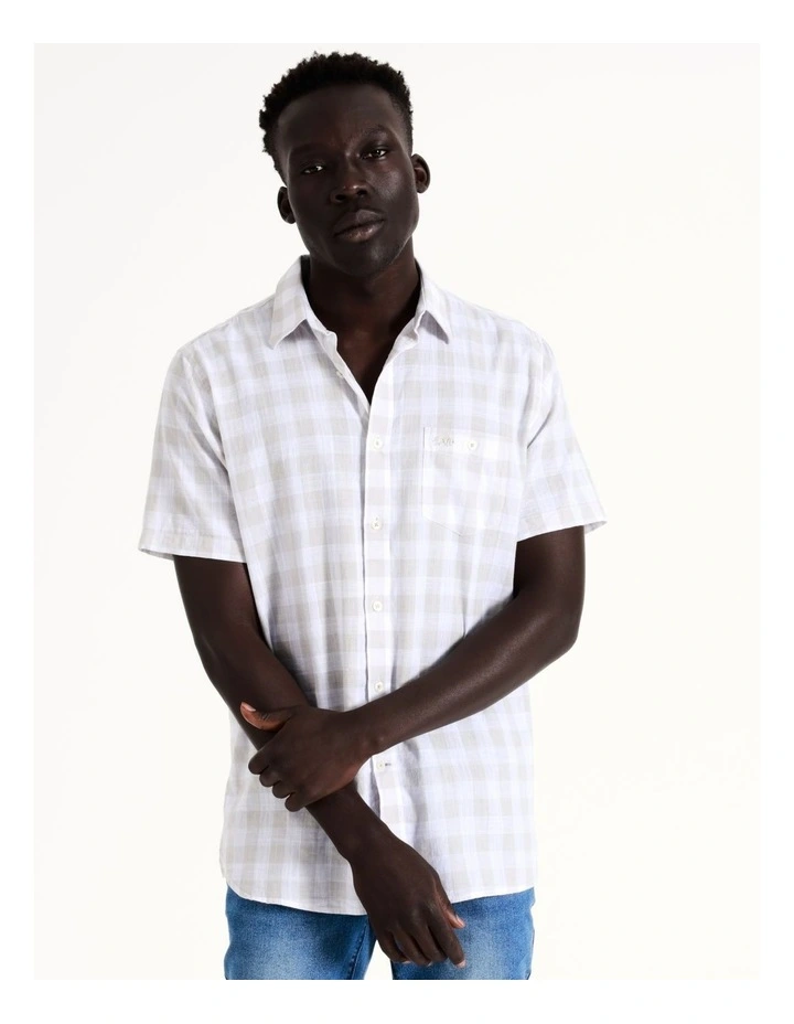 Raging Bull Large Check Linen Cotton Short Sleeve Shirt In Grey - Image 3