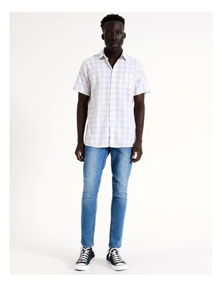 Raging Bull Large Check Linen Cotton Short Sleeve Shirt In Grey - Image 4