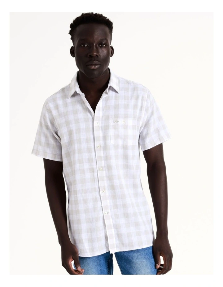 Raging Bull Large Check Linen Cotton Short Sleeve Shirt In Grey - Image 5