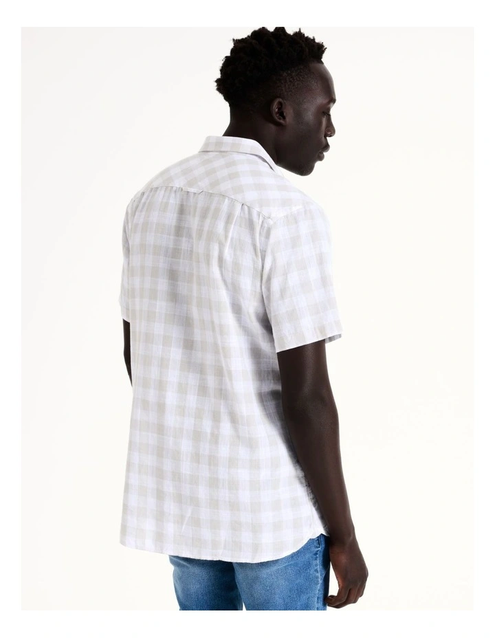 Raging Bull Large Check Linen Cotton Short Sleeve Shirt In Grey - Image 6