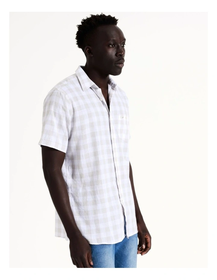 Raging Bull Large Check Linen Cotton Short Sleeve Shirt In Grey - Image 7
