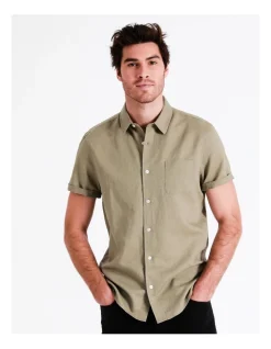 Maddox Lennon Linen Short Sleeve Shirt In Khaki