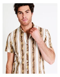 Maddox Kooeloah Linen Blend Stripe Short Sleeve Shirt In Cappuccino