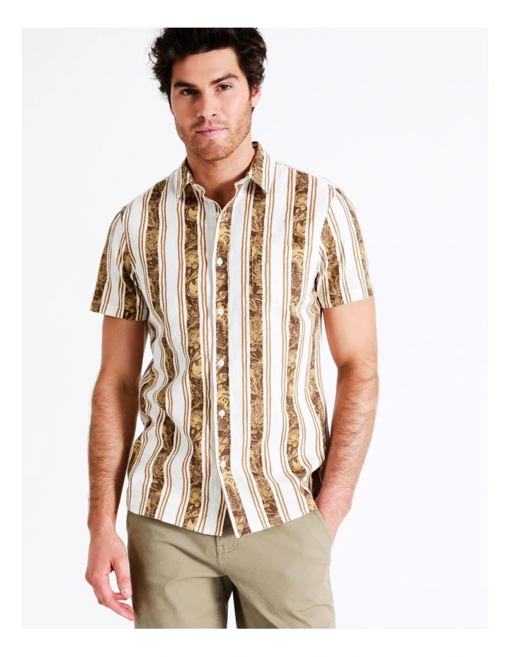 Maddox Kooeloah Linen Blend Stripe Short Sleeve Shirt In Cappuccino - Image 2
