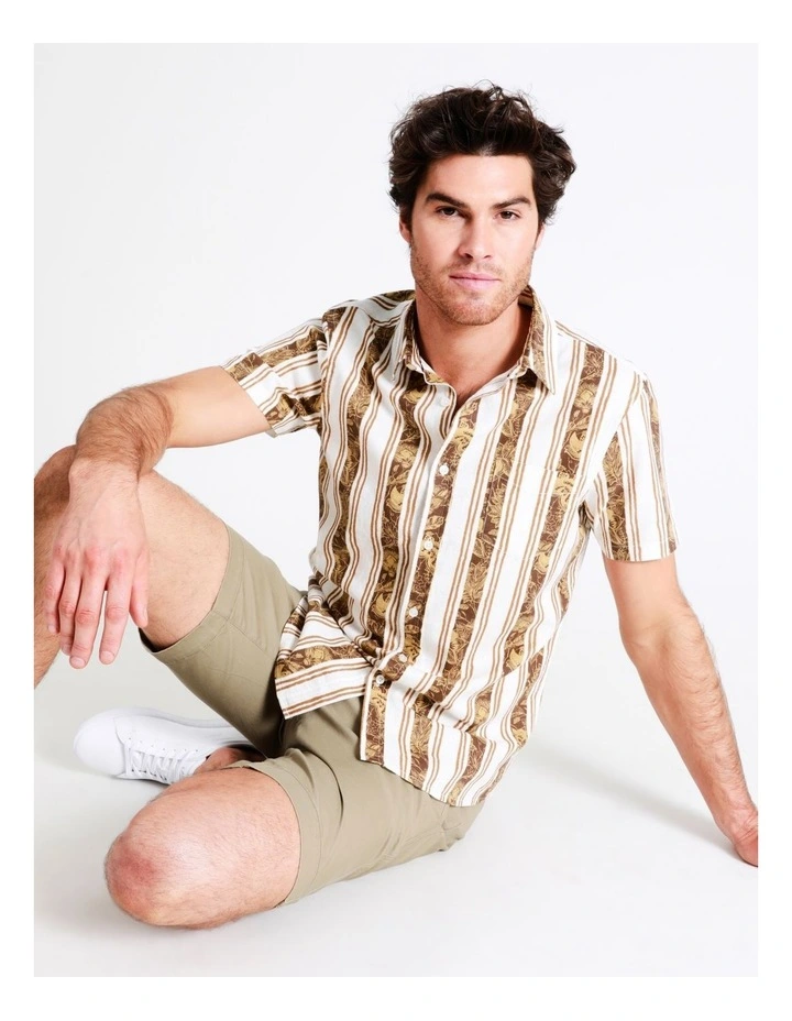 Maddox Kooeloah Linen Blend Stripe Short Sleeve Shirt In Cappuccino - Image 4