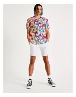 Kenji Drunken Birds Print Short Sleeve Rayon Shirt In White