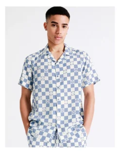 Kenji Smiley Checkerboard Short Sleeve Rayon Shirt In Blue