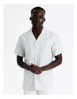 Blaq Samson Stripe Short Sleeve Linen Blend Shirt In Blue