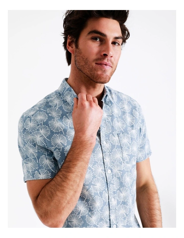 Maddox Woodwork Print Short Sleeve Shirt In Blue - Image 3