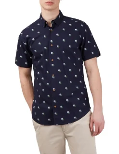 Ben Sherman Scattered Print Short Sleeve Shirt In Midnight