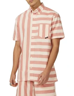 Ben Sherman Patchwork Candy Stripe Short Sleeve Shirt In Dark Pink